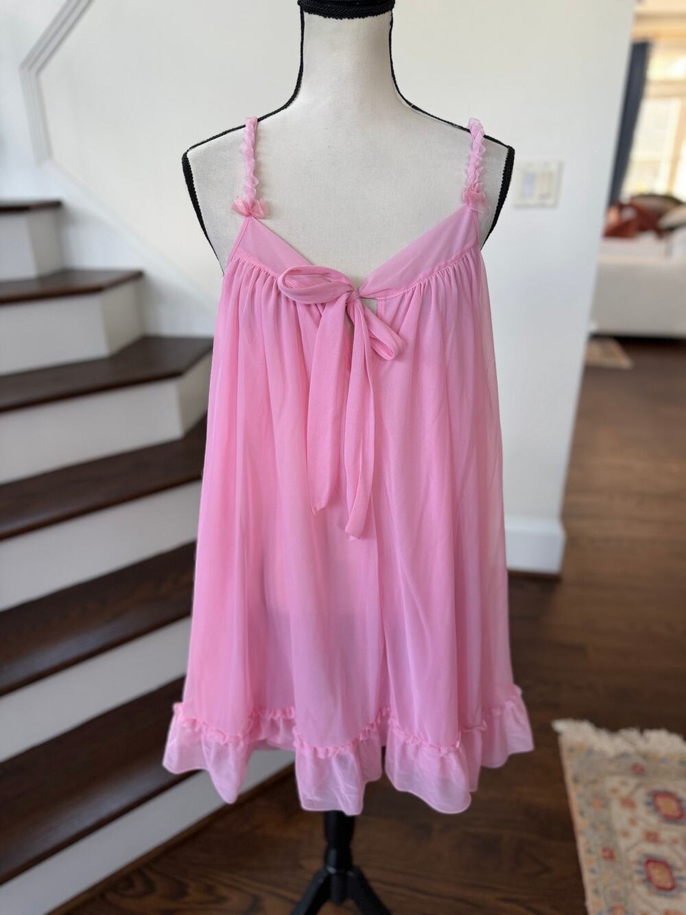 Betsey Johnson Sheer Bubblegum Pink Bow Ruffle Baby Doll Slip Nighty Nightgown